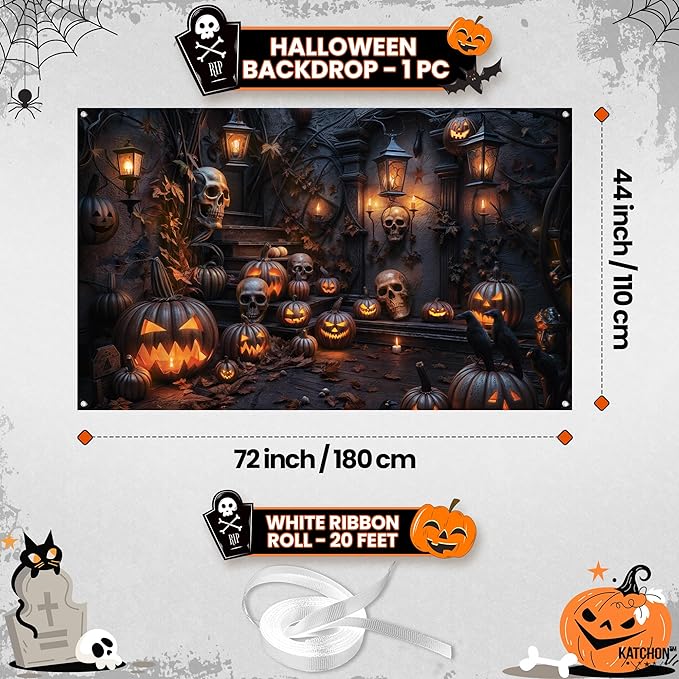 KatchOn, XtraLarge Spooky Halloween Backdrop - 72x44 Inch | Banner for Pumpkin Decorations | Photo Backdrop for Halloween Indoor, Outdoor | Pumpkin Banner for Summerween Decoration