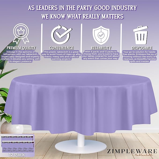 ZIMPLEWARE Premium Lavender Plastic Table Cloth Disposable (12 Pack) Round Tablecloth (84in) Party Table Cloths Disposable, Perfect Table Cloth Round Cover for Any Table Up to 6 Feet