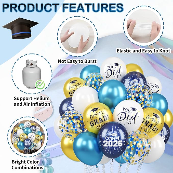 Blue and Gold Graduation Balloons, 60PCS Congrats GRAD Printed Balloon, 12 Inch Navy Blue White Metallic Blue Gold Confetti Latex Party Balloons Helium for Class of 2026 Graduation Party Decorations