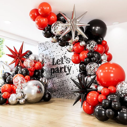 Red and Black Balloon Arch Garland Kit - 131Pcs Red Black and Silver Balloons Glitter Confetti Balloon, Explosion Star Balloons for New Year Birthday Racing Car Poker Party Decorations