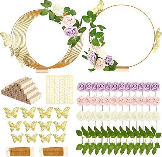 Vercraft 12 Set butterfly Metal Floral Hoop Table Centerpieces Include Metal Ring with Base 3D Butterfly Decoration, PE Foam Flower, Adhesive Dots, Gold Wires for DIY Wedding Baptism Party(Round)