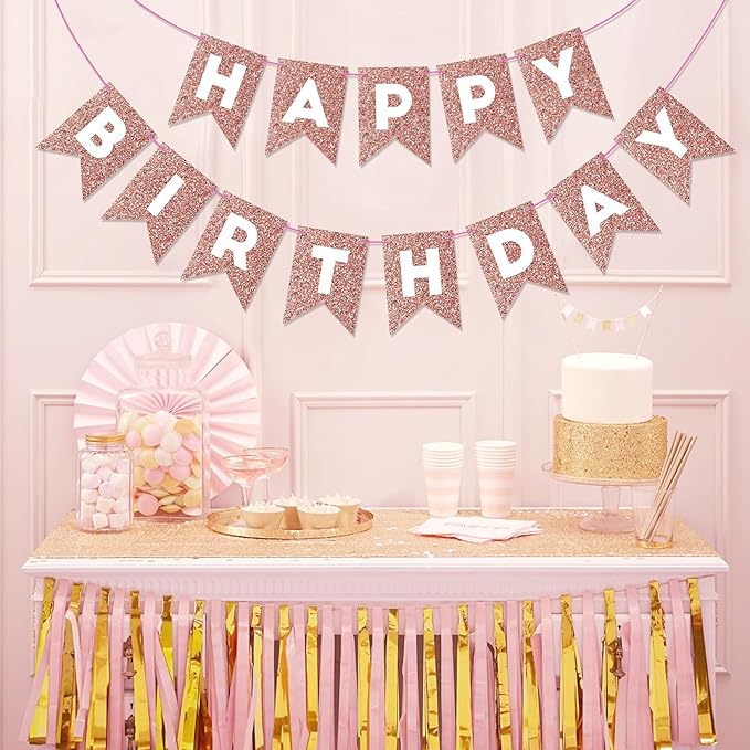 Hooqict Rose Gold Happy Birthday Banner Sign for Backdrop Rose Gold Birthday Decorations for Women Girls Wall Door Party Banner Garland Bunting Flag