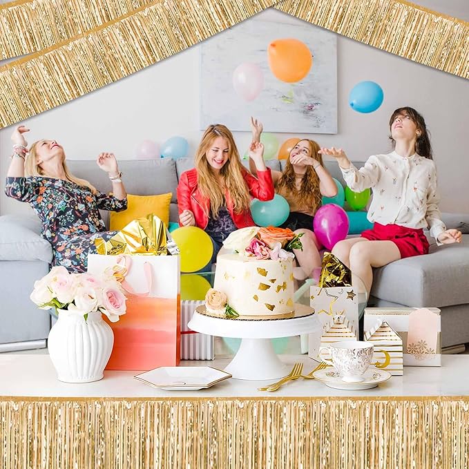 4 Pack 10 Ft Champagne Gold Foil Fringe Garland Metallic Streamers Tinsel Banner Wall Hanging Garland Backdrop for Parade Floats, Halloween, Christmas, Thanksgiving, New Year Party Decorations
