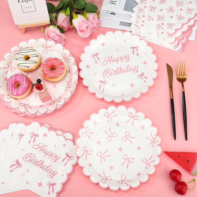 100PCS Pink Bow Party Plates and Napkins Pink Bow Birthday Tableware Set Coquette Birthday Party Supplies Serve 50 Guests for Women Birthdays Girl Bachelorette Coquette Tableware Supplies