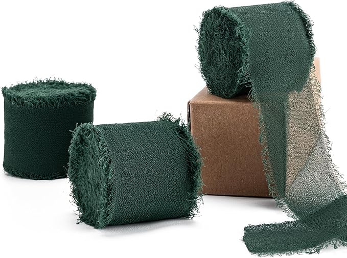 Husfunov Green Handmade Chiffon Ribbon,1.5Inch x 3 Rolls Total 24 Yards Green Fringe Chiffon Silk Ribbon,for Wrapping Wedding Invitations,Bridal Bouquets,DIY Crafts,Home Decor and More