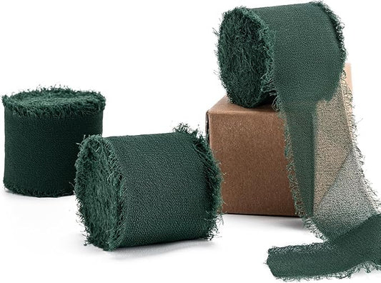 Husfunov Green Handmade Chiffon Ribbon,1.5Inch x 3 Rolls Total 24 Yards Green Fringe Chiffon Silk Ribbon,for Wrapping Wedding Invitations,Bridal Bouquets,DIY Crafts,Home Decor and More
