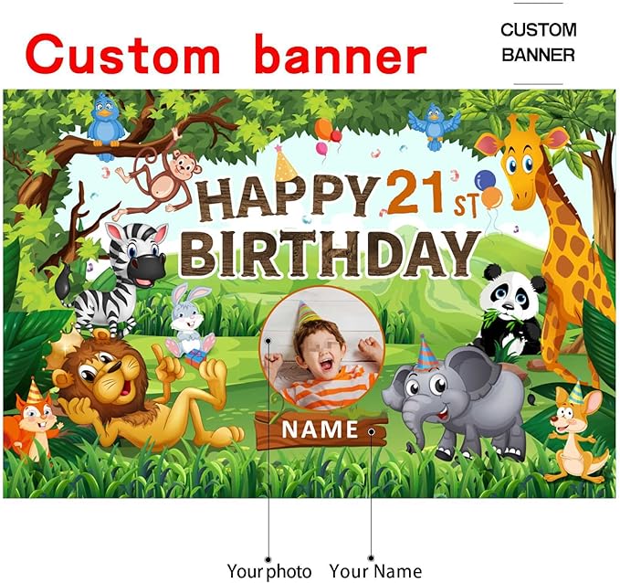 Custom Wild Jungle Theme 21st Birthday Decorations Banner - Personalized Fabric Banner for 21st Birthday Party Supplies