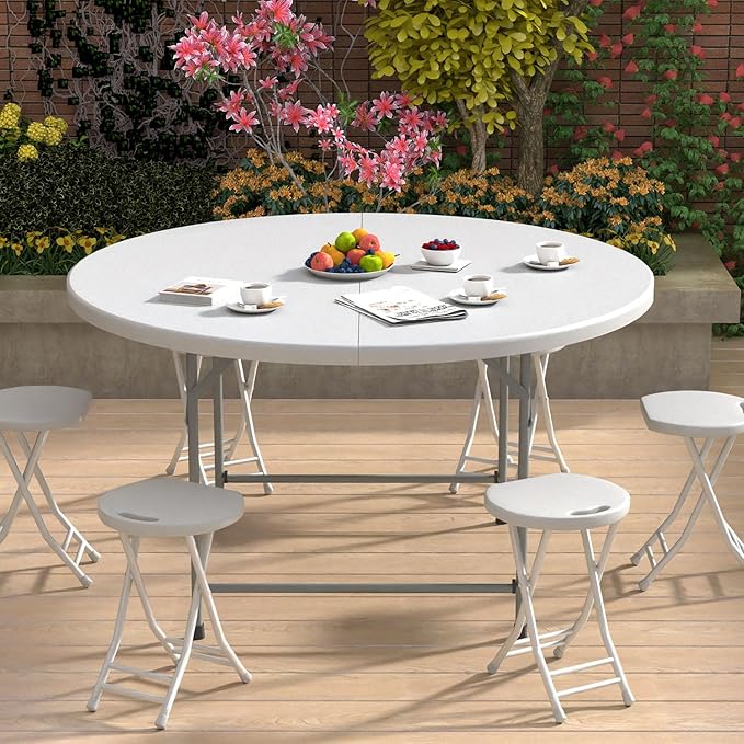 OS MOTOR 4.5ft Round Folding Table with Carry Handle, Portable Heavy Duty Plastic Utility Table with Steel Legs for Party, Wedding, Camping, Indoor, Outdoor Event, 54 Inch, White