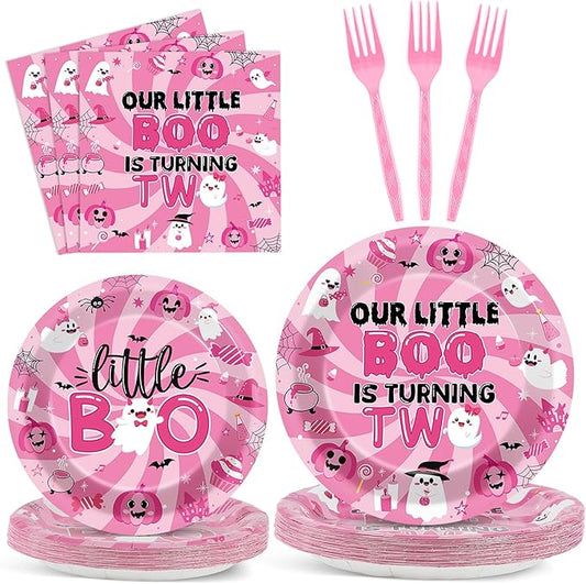 96pcs Halloween Pink Ghost Party Supplies - Boo 2nd Birthday Paper Plates, Napkins, Decoration, Dinnerware, Favor, Tableware - Serve 24