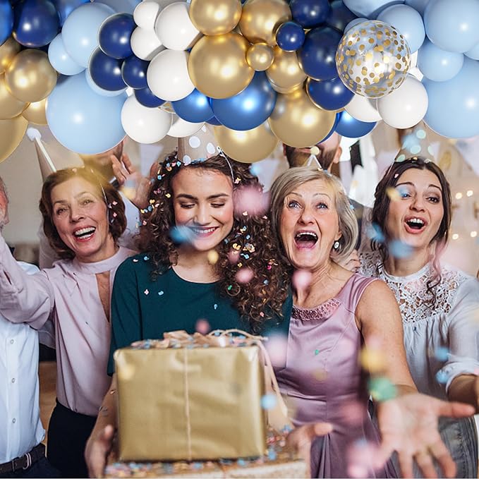 Ouddy Life 156Pcs Navy Blue and Gold Balloon Garland Arch Kit, Royal Blue White Metallic Gold Confetti Mixed Sizes Balloons for Baby Shower Wedding Birthday Anniversary Graduation Party Decorations