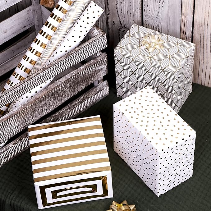 MAYPLUSS Birthday Wrapping Paper Roll - Mini Roll - 17 inch x 120 inch Per roll - White & Gold Foil Design (42.3 sq.ft.ttl)