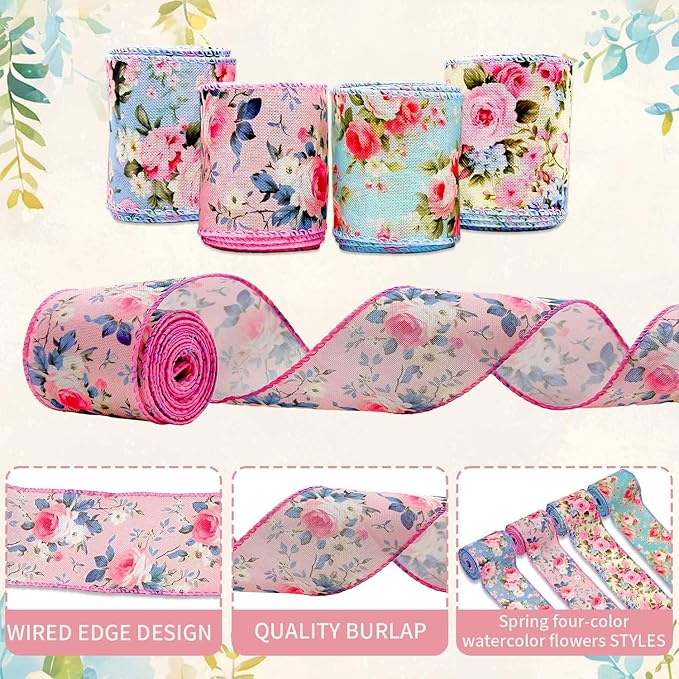 Spring Floral Wired Edge Ribbon, Watercolor Vintage Flower Ribbon with Pink Rose Design Ribbon for Wreath, Bow Making, DIY Crafts, Wrapping and Making Rose Petals,4 Rolls, 20 Yard (Pink-Blue)