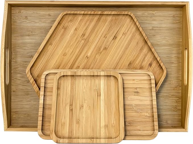 Bamboo Serving Trays 16.5"x11.8"（42x30cm with Handle, Set Includes 1xHexagon 12.5"(32cm)+1xRectangle 9.8"(25cm)*5.9"(15cm)+1xSquare 5.9"(15cm) Dinner Plates Cheese Cutting Board