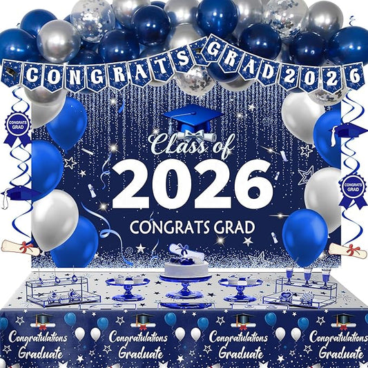 Graduation Decorations 2026, Graduation Decorations Class of 2026 Blue and Silver Congrats Grad Backdrop Tablecloths Banner Balloons for Graduation Party Decorations 2026 Graduation Decor