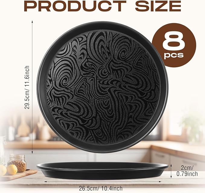 Zopeal 8 Pcs 12 Inch Round Restaurant Serving Trays Non Slip Surface Black Serving Plastic Food Meals Server Tray for Halloween Party Bar Restaurant Cocktail Cafeteria