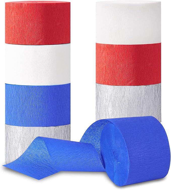 Crepe Paper Streamers 8 Rolls 656ft, Red White Blue Silver Streamer Tassels Patriotic Decorations for Memorial Day Fourth of July Independence Day American Theme Party