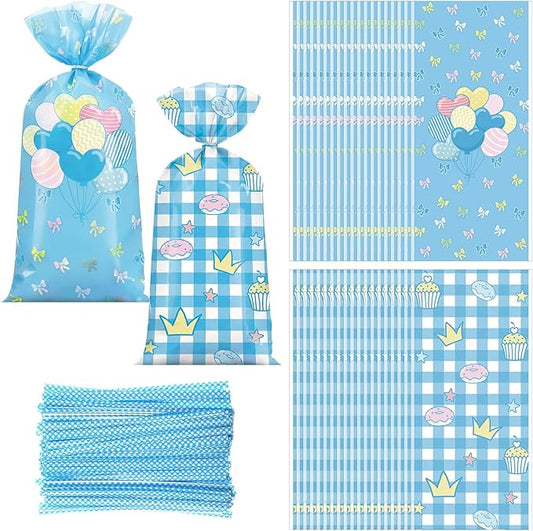 Marspark 100 Pcs Cartoon Cute Dog Party Favor Blue Goodie Bags with Ties 10.8 x 5 Inch Kawaii Themed Cellophane Candy Snacks Bags for Baby Shower Birthday Party Decorations