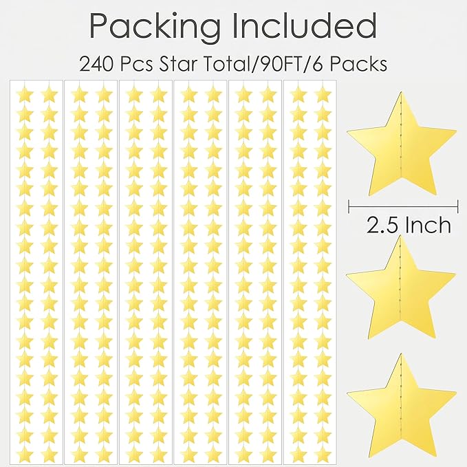 Metallic Gold Iridescent-Star-Garland 90FT – 240 Pcs Sparkling Star Streamers – Hanging Glitter Star Banner Backdrop for Birthday, Baby Shower, Wedding, Christmas Party Decorations (6 Packs)