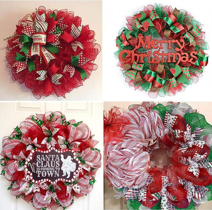 5 Rolls Christmas Mesh Ribbon for Wreath, 10 Inch x 30FT Per Roll Metallic Foil Deco Mesh Rolls Red Green Stripe Decorative Mesh for Christmas Tree Winter Holiday Wreath Party Decor
