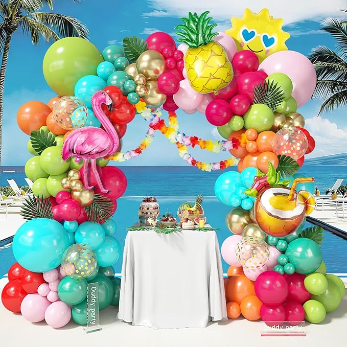 170Pcs Flamingo Tropical Balloon Arch Garland Kit, Hot Pink Olive Green Orange Teal Gold Foil Balloons Palm Leaves Hawaiian Leis for Luau Aloha Summer Beach Pool Birthday Baby Shower Party Decorations