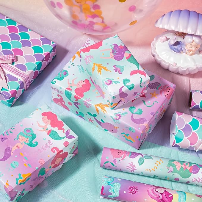 WRAPAHOLIC Mermaid Wrapping Paper Roll - 3 Short Roll - Birthday Wrapping Paper for Kids Girls Birthday, Mermaid Party, Baby Shower - 17 Inch x 120 Inch Per roll