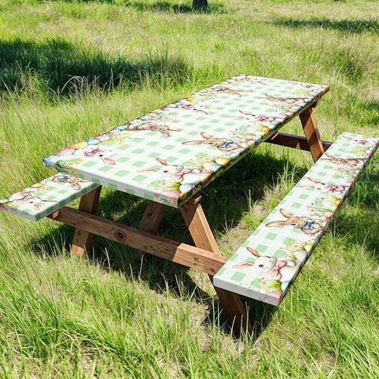 Easter Picnic Table Cover with Bench Covers, Camping Essentials, Easter Buffalo Plaid Rabbit Eggs Flower Outdoor Table Covers, Waterproof, Fitted Tablecloth Cover with Elastic Edge, 3 PCS, 30x96 Inch