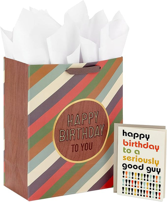 Hallmark 13" Large Gift Bag with Tissue Paper and Birthday Card (Stripes, Woodgrain, Happy Birthday to You) for Dad, Son, Brother, Husband, Uncle, Grandfather