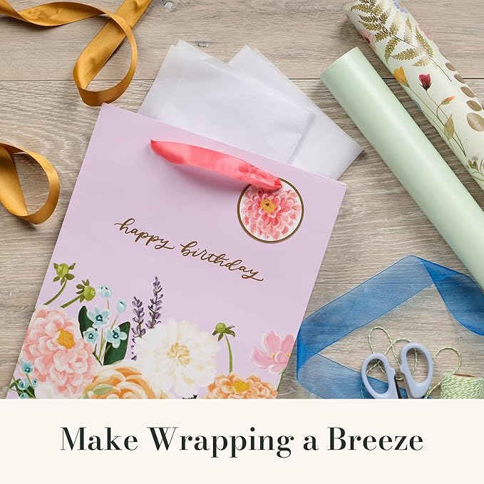 Christian Art Gifts Large Portrait Inspirational Gift Bag, Tag & Wrapping Tissue Paper Set for Women: Happy Birthday Golden Greeting Message, Easy Carry Satin Ribbon Handles, Pink Multicolor Floral