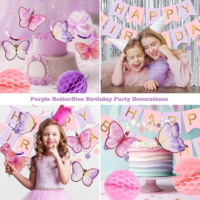 meowtastic Birthday Decorations, Happy Birthday Banner with Honeycomb Balls, Butterfly Hanging Swirl Streamers, Circle Dots Garland, Happy Birthday Party Decorations for Women Girls (Purple&Gold)