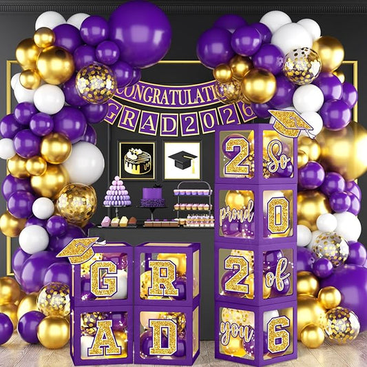 Graduation Decorations Class of 2026, Purple and Gold Graduation Decorations 2026, Purple Boxes Balloon Arch with Letters So Proud of You Grad 2026 for Memorable College Graduation Party Supplies