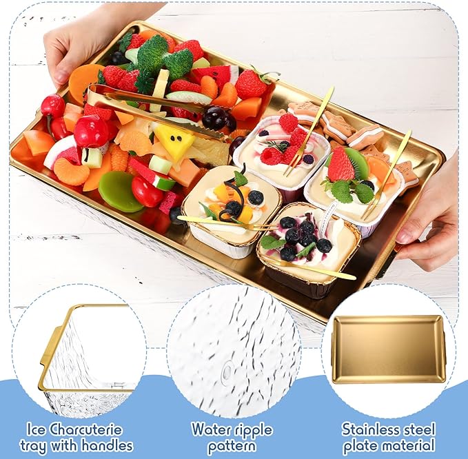 Baderke 4 Set 16" x 9.45" Chilled Serving Tray for Parties with Compartments Ice Chilled Party Platter Charcuterie Serving Board with Forks Tongs for Fruit Seafood Vegetable Appetizer (Gold)
