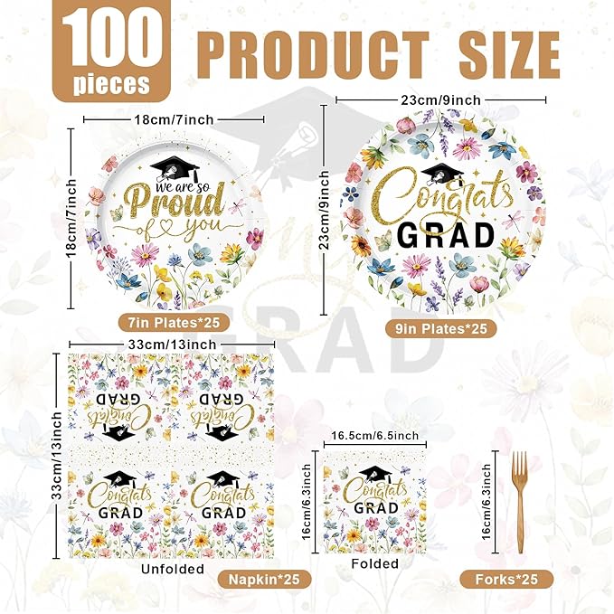 100 Pcs Floral Graduation Party Tableware Set – Disposable “Congrats Grad” Paper Plates and Napkins with Wildflower Design for Graduation Party, School and Home Celebrations – Serves 25
