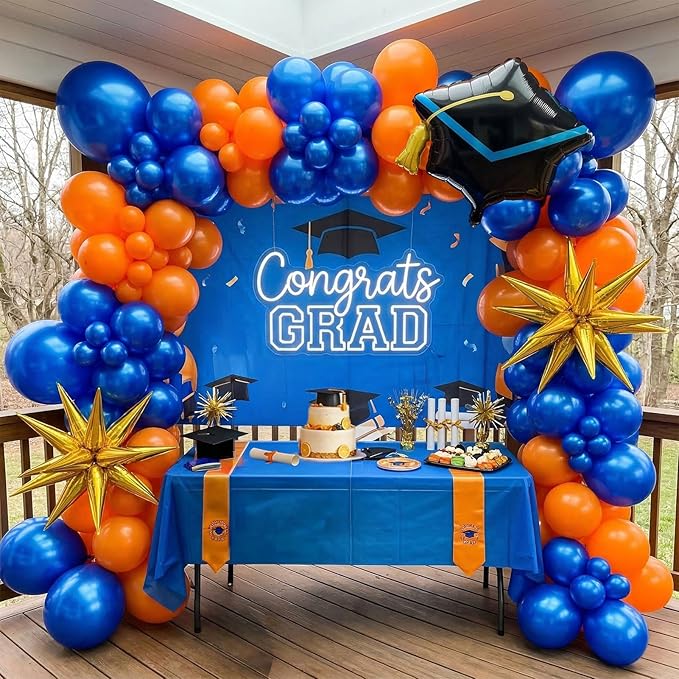 Orange and blue Graduation Balloon Garland Arch Kit with foil star crown graduation cap balloons for School students graduate class of 2026 Prom Party Decorations (Royal Blue Orange)