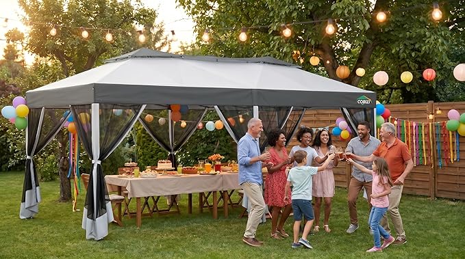 COBIZI 10x20 Pop up Gazebo, One-Push Setup Canopy Tent with Mosquito Netting & Vented Roof Design, Upgrade Metal Easy up Canopy Carpa Outdoor Gazebos for Backyard Camping Deck Party(White & Gray)