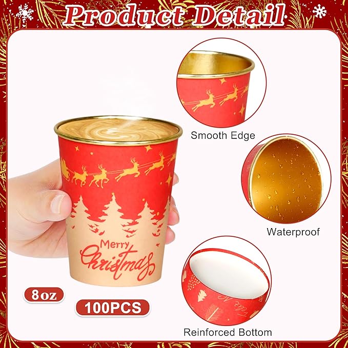 100 Pcs 8oz Christmas Paper Cups, Disposable Christmas Coffee Cups Red Reindeer Xmas Tree Design Paper Cups, Holiday Winter Drinking Cups for Hot Cold Beverages Party Supplies, 4 Styles