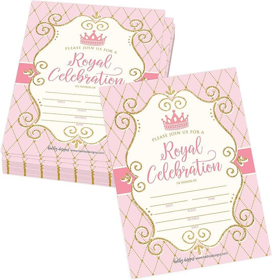 Hadley Designs Kids Birthday Invitations Girl Princess Theme - 25 Royal Birthday Party Invitations For Girls, Princess Invites For Girls, Cute Party Supplies, Made in USA