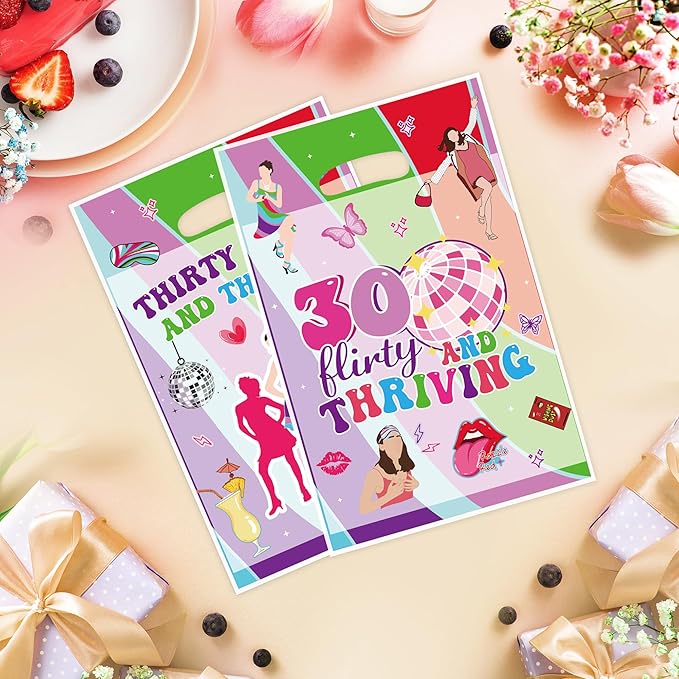MOIZYNG 50Pcs Thirty Flirty and Thriving Birthday Gift Bags with Handles, 30 Flirty and Thriving Plastic Candy Treat Goodie Bags for Women 30th Birthday Party Favors Supplies