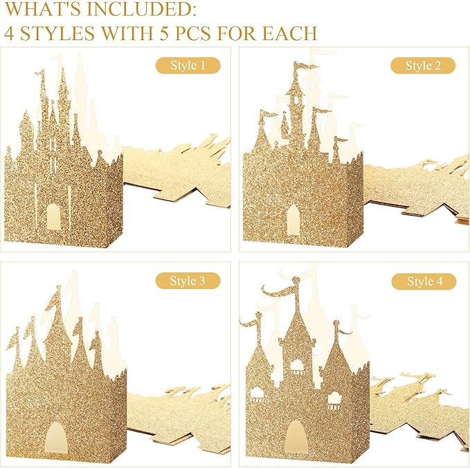 Geiserailie 20 Pieces Castle Box Princess Candy Box Glitter Castle Favor Treat Gift Princess Party Decorations Baby Shower Wedding Supplies(Gold)