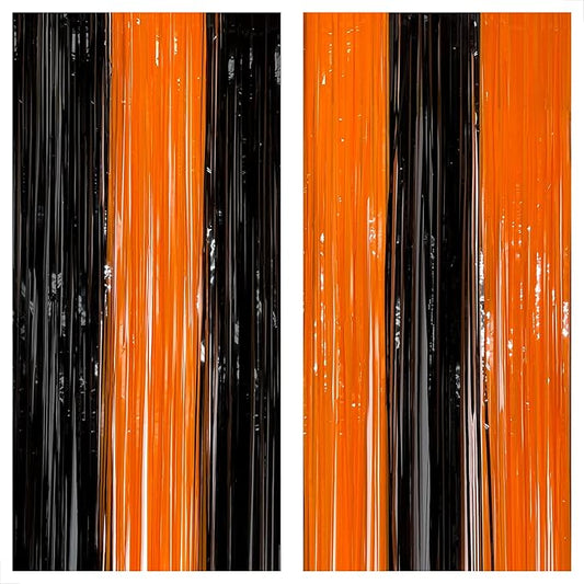 KatchOn, Black and Orange Foil Fringe Curtain - XtraLarge 3.2x8 Feet, Pack of 2 | Orange and Black Streamers, Halloween Decorations | Fringe Backdrop Curtain for Birthday, Basketball Party Decorations