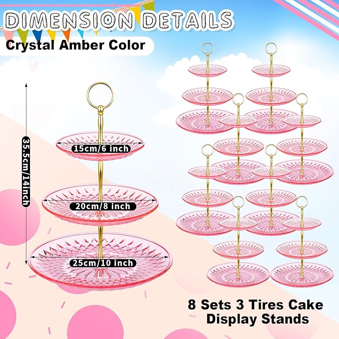 Patelai 8 Packs 3 Tier Crystal Acrylic Clear Cake Stand with Gold Round Holder Acrylic Cupcake Stand Holder for Home Wedding Holiday Birthday Baby Shower Tea Party (Clear Pink)