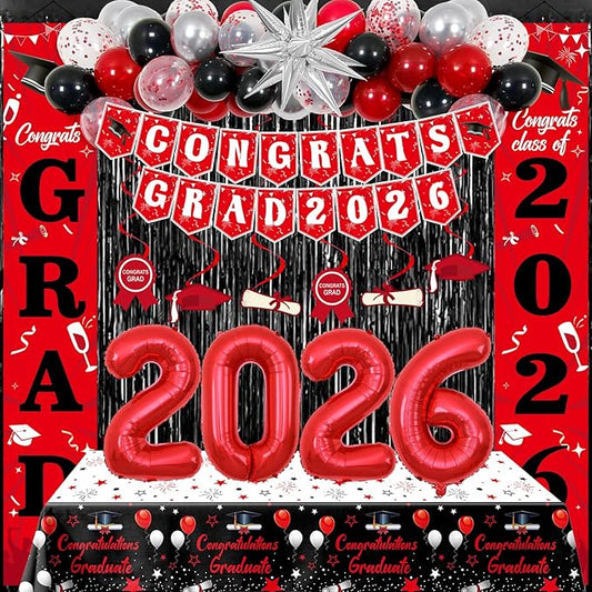 Graduation Decorations 2026, Red and Black Grad Decorations Class of 2026, Graduation Party Decorations with Congrats GRAD 2026 Banner Tablecover Balloons for High School Senior Nurse College