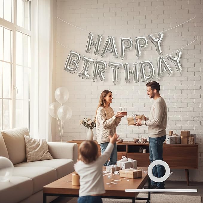 Silver Happy Birthday Banner Foil Letter Balloon, 14 Inch 3D Reusable Inflatable Mylar Balloon Foil Sign, Birthday Decorations for Women Men Boys Girls Kids (Birthday Banner 3)