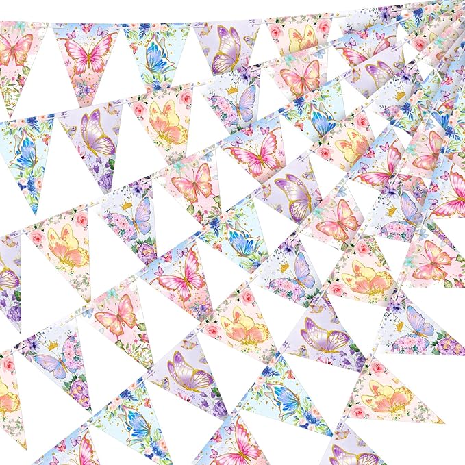 5 Pieces 49 ft Butterfly Birthday Banner Decorations Butterfly Party Supplies Paper Flower Pennant Triangle for Baby Shower Party Outdoor Decor