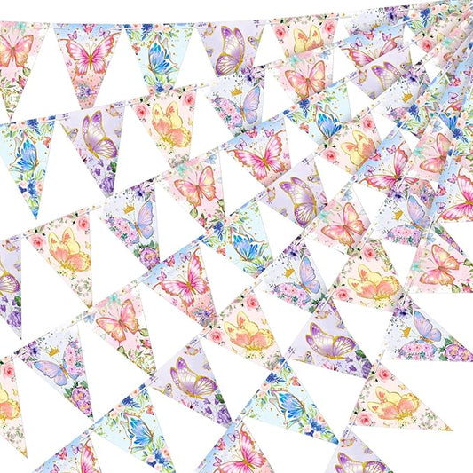 5 Pieces 49 ft Butterfly Birthday Banner Decorations Butterfly Party Supplies Paper Flower Pennant Triangle for Baby Shower Party Outdoor Decor