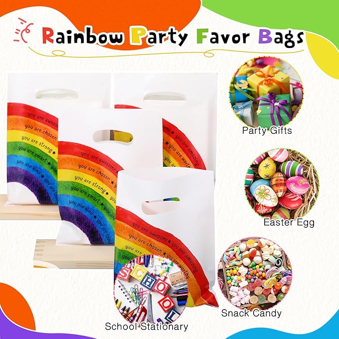 Coume 100 Sets Inspiration Quotes Treat Bags with Handles Small Plastic Party Favors Gifts Bags for Kids Students Birthday Party Gifts Favors (Rainbow Style)