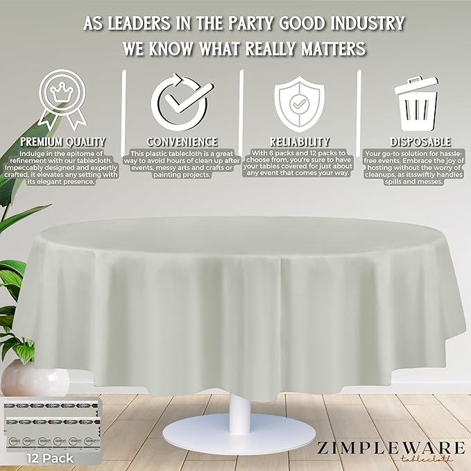ZIMPLEWARE Premium Light Grey Plastic Table Cloth Disposable (12 Pack) Round Tablecloth (84in) Party Table Cloths Disposable, Perfect Table Cloth Round Cover for Any Table Up to 6 Feet