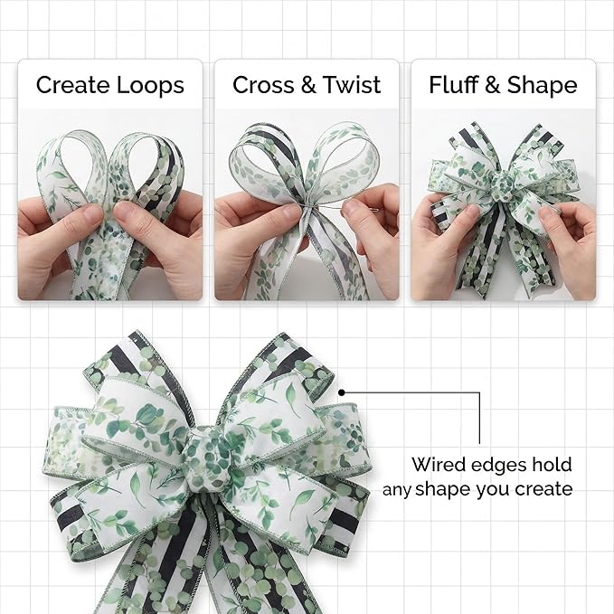 Eucalyptus Wired Edge Ribbon 20 Yards, Green Botanical Black Stripe Greenery Ribbon for Spring Summer Wreath Bow Making, Floral Arrangement, Gift Wrapping, Holiday Decor, 4 Rolls, 2.5 Inch (Green)