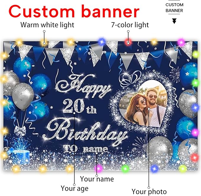 Dicodes Custom Navy Blue and Silver Theme Birthday Banner for Party Happy Birthday Backdrop Decoration Personalized with Name and Photo