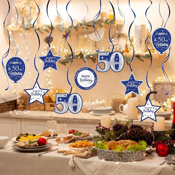 Happy 50th Birthday Blue & Silver Glitter Swirls Streamers Party Decorations - 15 Pcs 50th Birthday Hanging Swirls Streamers Kit,Cheers to Fifty Years Old Bday Party Sign.