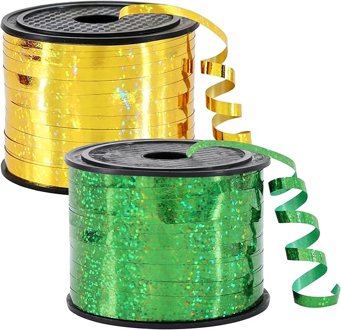 BEISHIDA 2 Pack 100 Yards Green Gold Curling Crimped Glitter Ribbon Balloon String Shiny Metallic for Gift Wrapping Ribbon 2026 Graduation Wedding Baby Shower Birthday Party Decoration